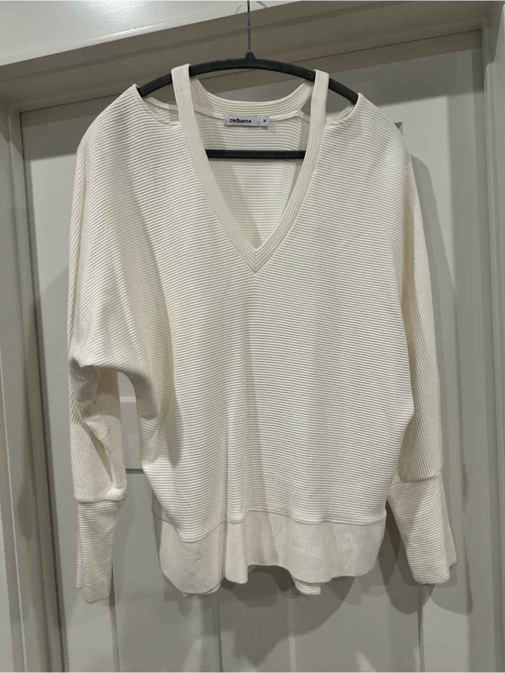 Red Haute Cream V-Neck Ribbed Sweater